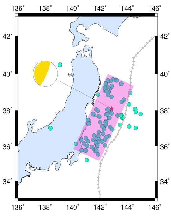 Fig. 2.4.9 Distribution map of after shocks which occurred for 3 days after the mainshock.