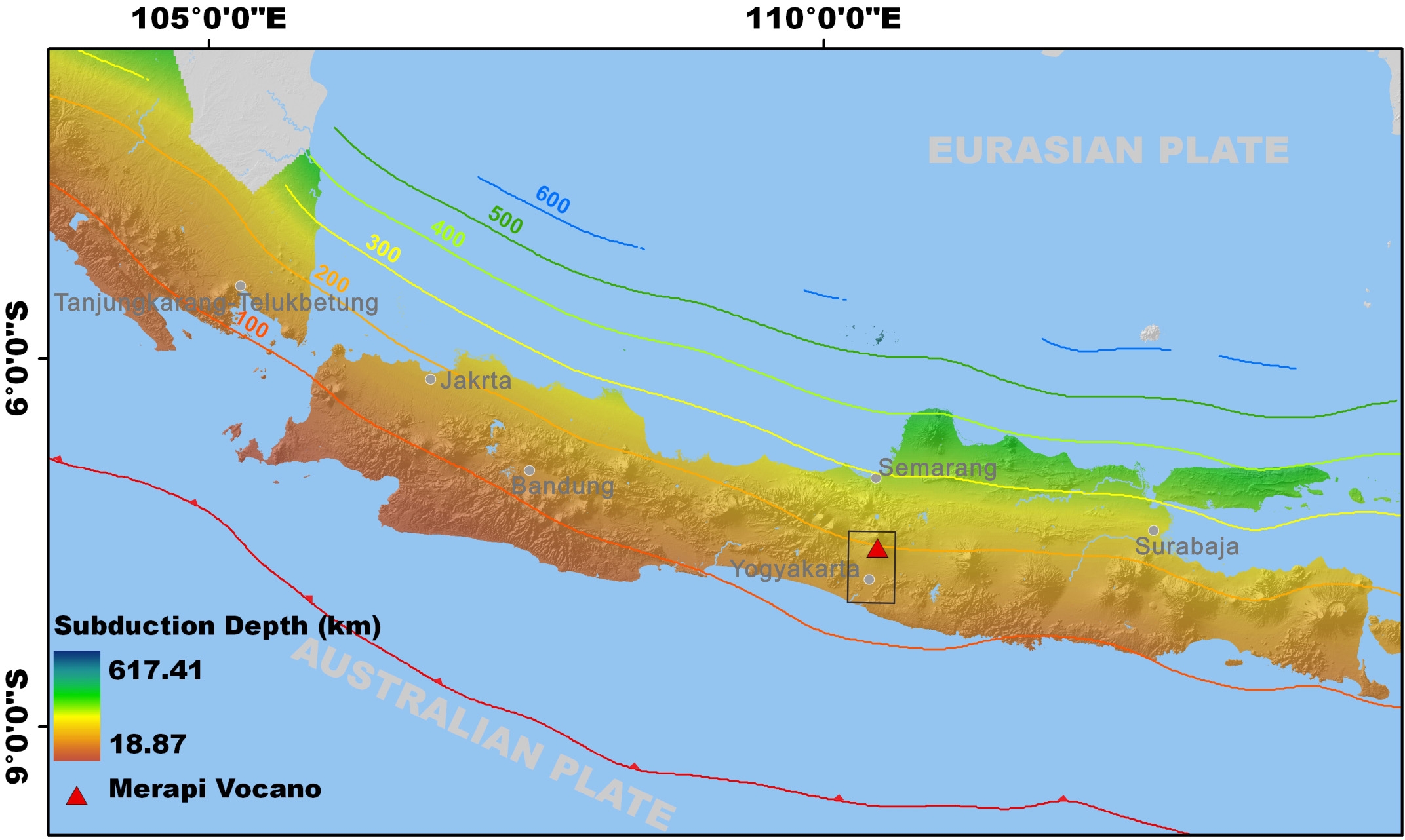 Fig. 3.2.1 Depth of Java subduction zone on Java Island, Indonesia. Red triangle is Merapi volcano
