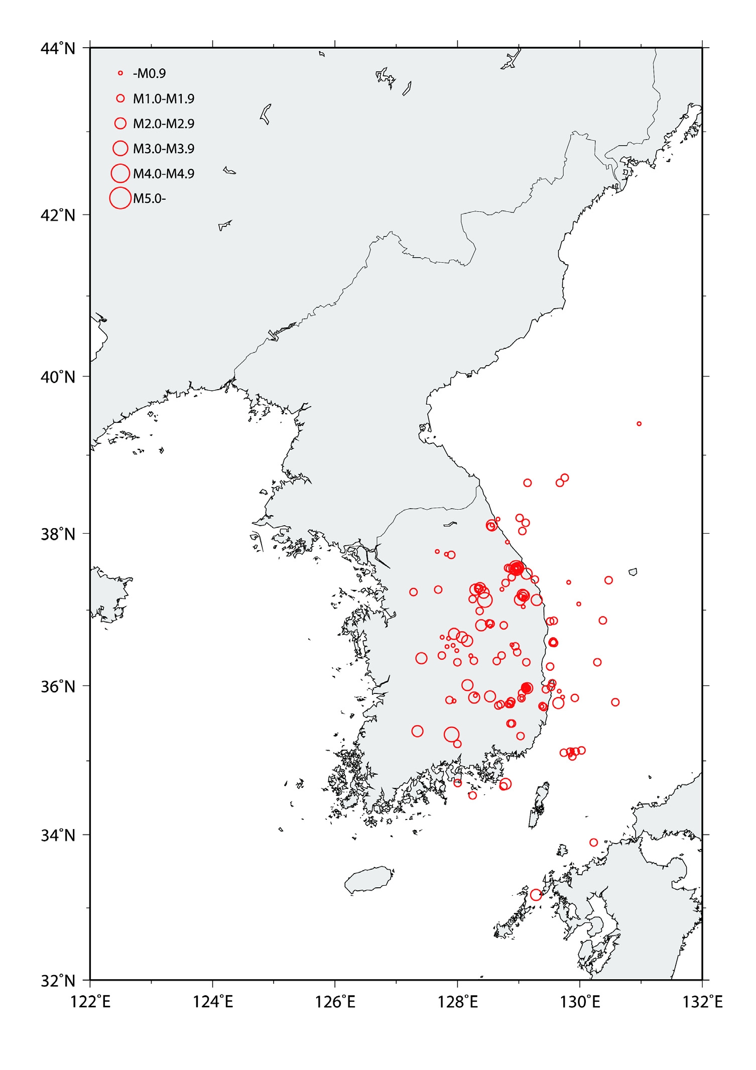 Fig. 2.1.2 Distribution of earthquakes in the Korean Peninsula between October 2011 and April 2012