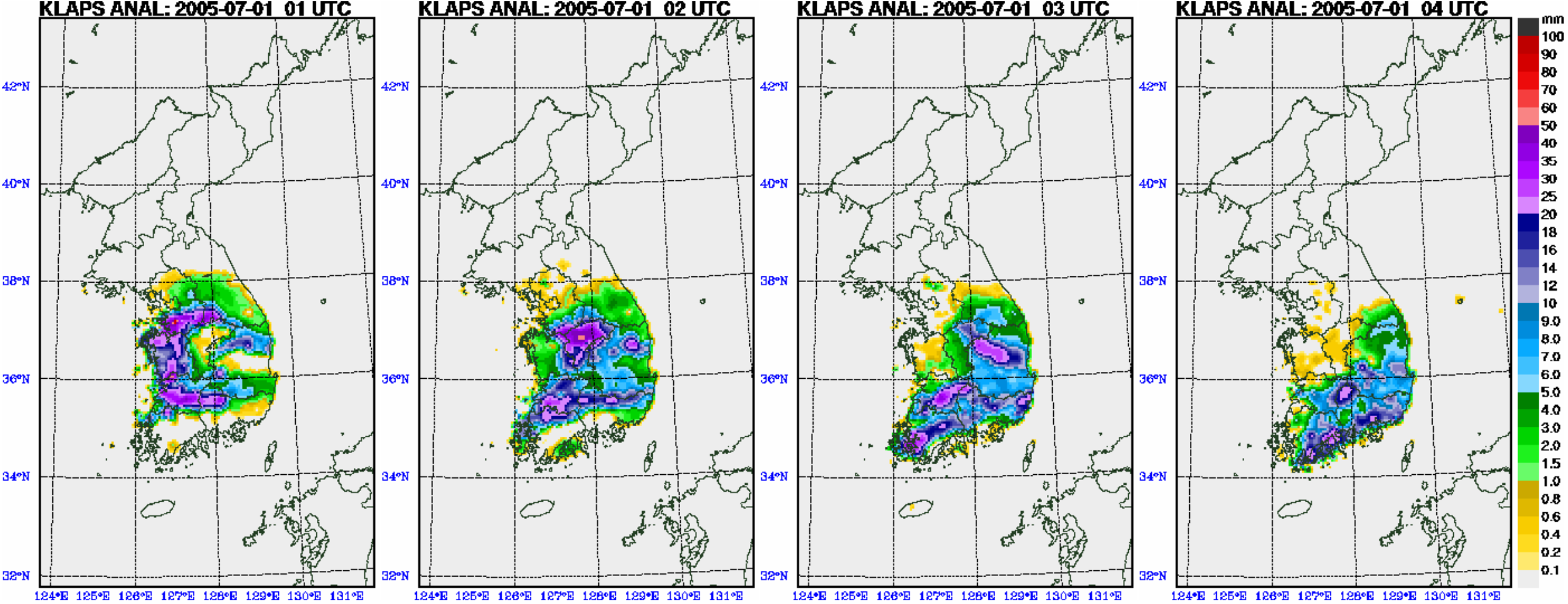 Fig. 2.2.3.3. Hourly accumulated precipitation of KLAPS reanalysis from 01UTC to 04UTC 1 July 2005.