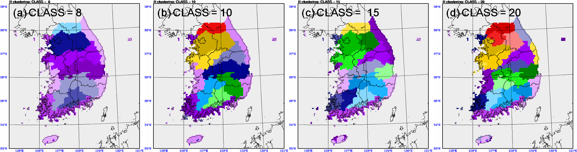 Fig. 2.2.3.7. Regional division of Korea through the cluster analysis of monthly accumulated precipitation