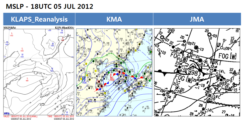 Fig. 2.2.4.2. Mean sea level pressure of KLAPS reanalysis and surface weather chart of KMA and JMA at 18UTC 5 July 2012