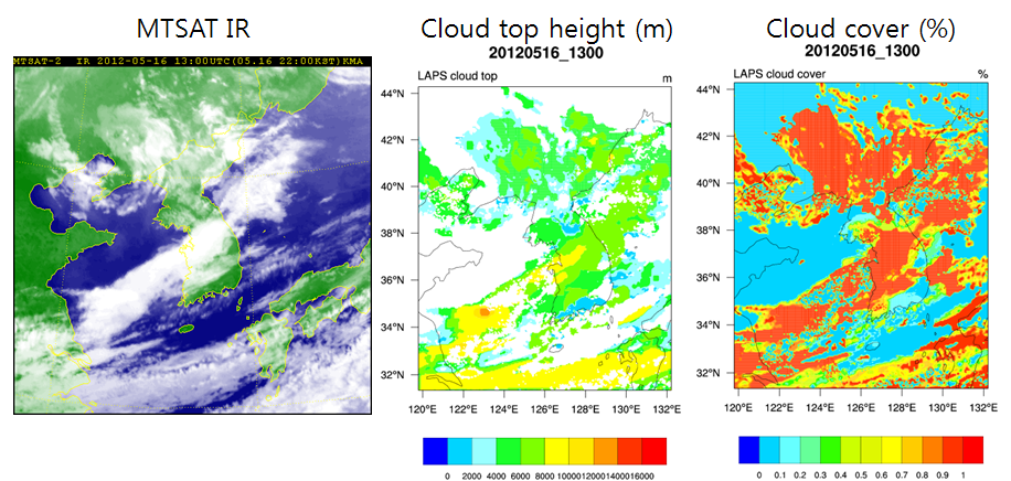 Fig. 2.2.4.6. MTSAT-IR (left), cloud top height (center) and cloud cover (right) at 13UTC 16 May 2012