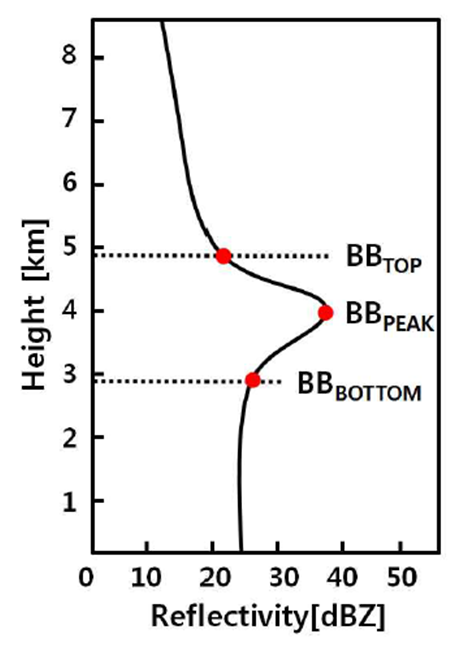 Fig. 3.2.1.1. Schematic illustration of vertical profile of reflectivity and definition of BBTOP, BBPEAK, BBBOTTOM