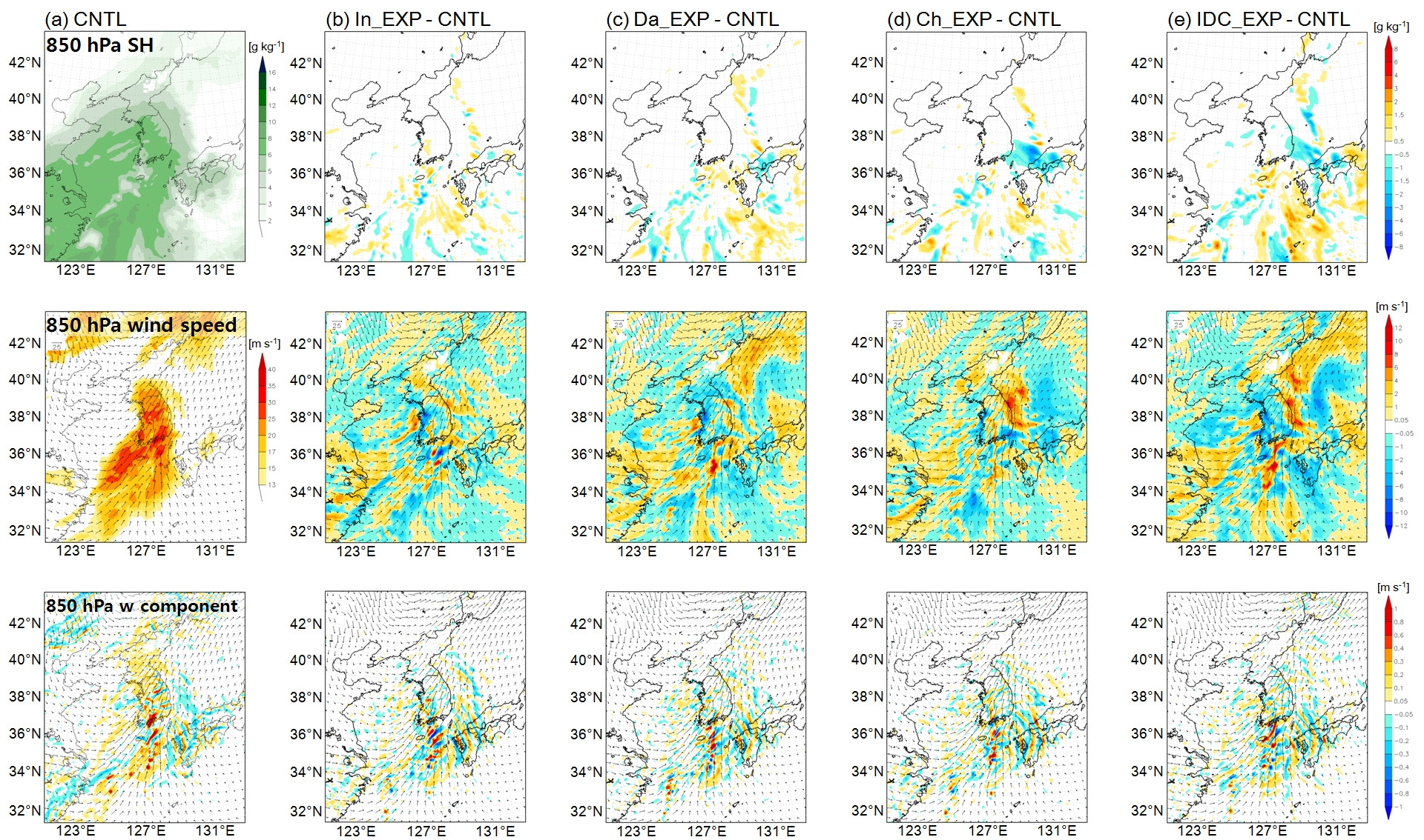 Fig. 3.3.1.6. 850 hPa specific humidity(top), wind speed(middle), and w component(bottom) of (a) CNTL at 0600 UTC 1 February 2013(12h) and difference of CNTL from (b) In_EXP, (c) Da_EXP, (d) Ch_EXP, and (e) IDC_EXP of 850 hPa specific humidity(top), wind speed(middle), and w component(bottom) at 0000 UTC 1 February 2013