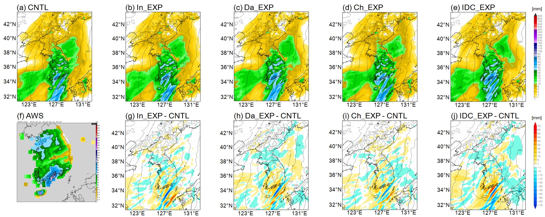 Fig. 3.3.1.7. 12 hours accumulated precipitation simulated (a) CNTL, (b) In_EXP, (c) Da_EXP, (d) Ch_EXP, (e) IDC_EXP, (f) AWS and difference of CNTL from (g) In_EXP, (h) Da_EXP, (i) Ch_EXP, and (j) IDC_EXP of 12 hours accumulated precipitation simulated at 0600 UTC 1 February 2013.