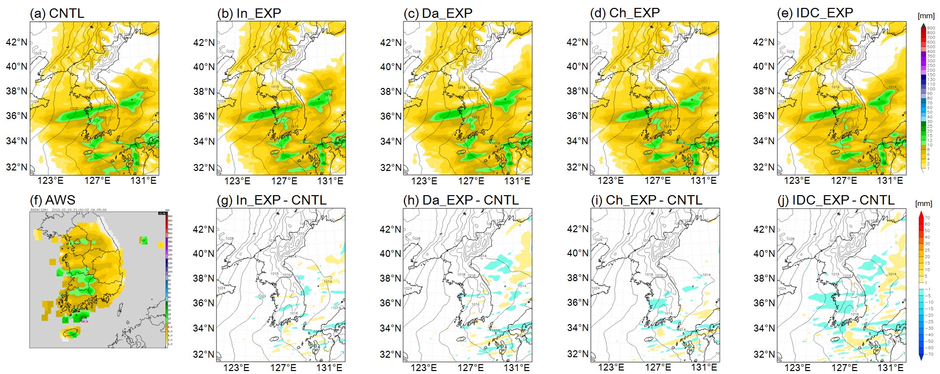 Fig. 3.3.1.10. 12 hours accumulated precipitation simulated (a) CNTL, (b) In_EXP, (c) Da_EXP, (d) Ch_EXP, (e) IDC_EXP, (f) AWS and difference of CNTL from (g) In_EXP, (h) Da_EXP, (i) Ch_EXP, and (j) IDC_EXP of 12 hours accumulated precipitation simulated at 1200 UTC 3 February 2013