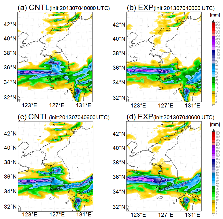 Fig. 3.3.1.16. 12 hours accumulated precipitation simulated (a) CNTL, (b) EXP at 1800 UTC 4 July 2013(initial time : 0000 UTC 4 July 2013). (c) CNTL and (d) EXP are same as (a) and (b) except for initial time