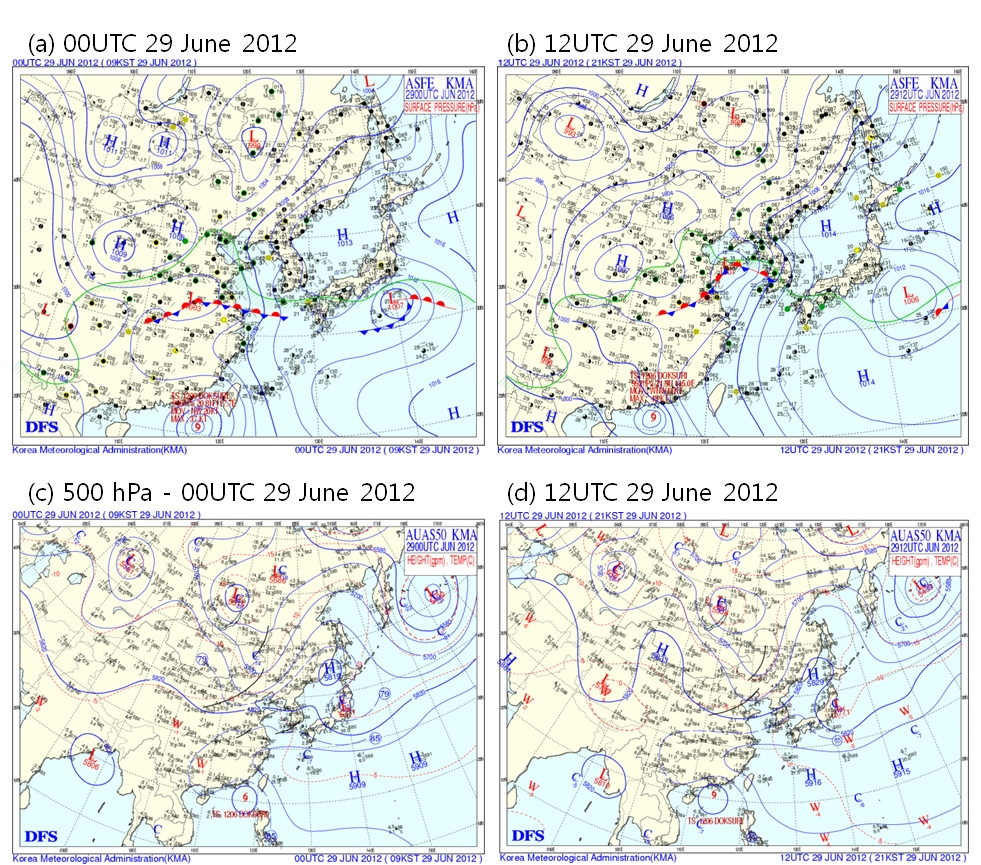 Fig. 3.3.2.2. Surface weather chart and upper-air weather charts of 500 hPa for (a, c) 0000 UTC and (b, d) 1200 UTC 29 June 2012