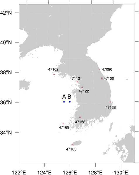 Fig. 3.3.2.4. Location of GISANG1 (A: 1200 UTC 28∼0600 UTC 29, B: 1200 UTC 29 ∼ 0600 UTC 30 June 2012) and radiosonde sites