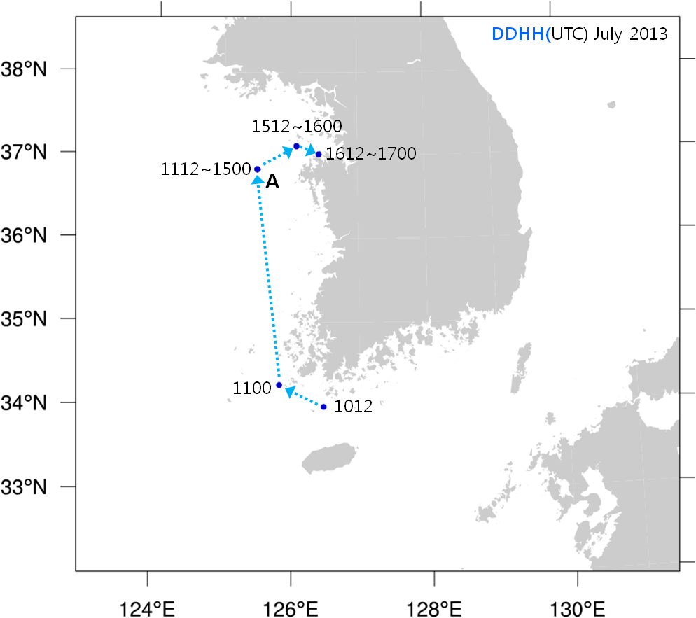 Fig. 3.3.2.10. Location of GISANG1 from 1200 UTC 10 to 0000 UTC 17 July 2013