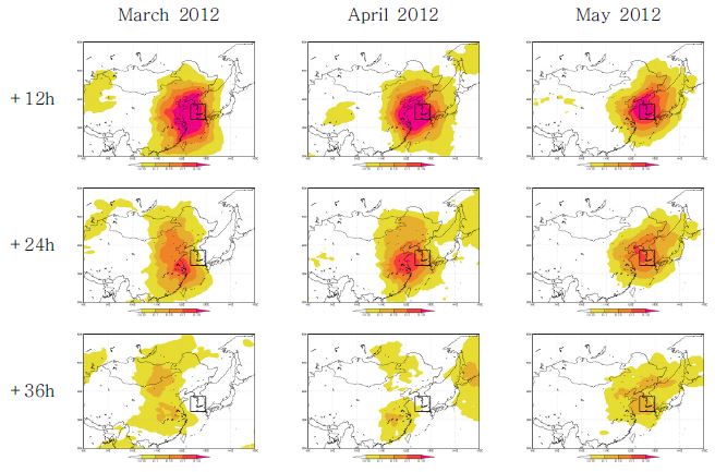 Fig. 3.3.4.3. Monthly composited fields of ensemble sensitivity during MAM 2012.