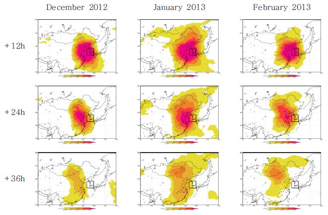 Fig. 3.3.4.6. Monthly composited fields of ensemble sensitivity during DJF 2012-2013