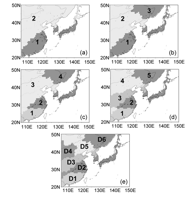 Fig. 3.4.1.1. Clustering process of monthly mean EDI from (a) 2-area division, (b) 3-area division, (c) 4-area division, (d) 5-area division, and (e) 6-area division