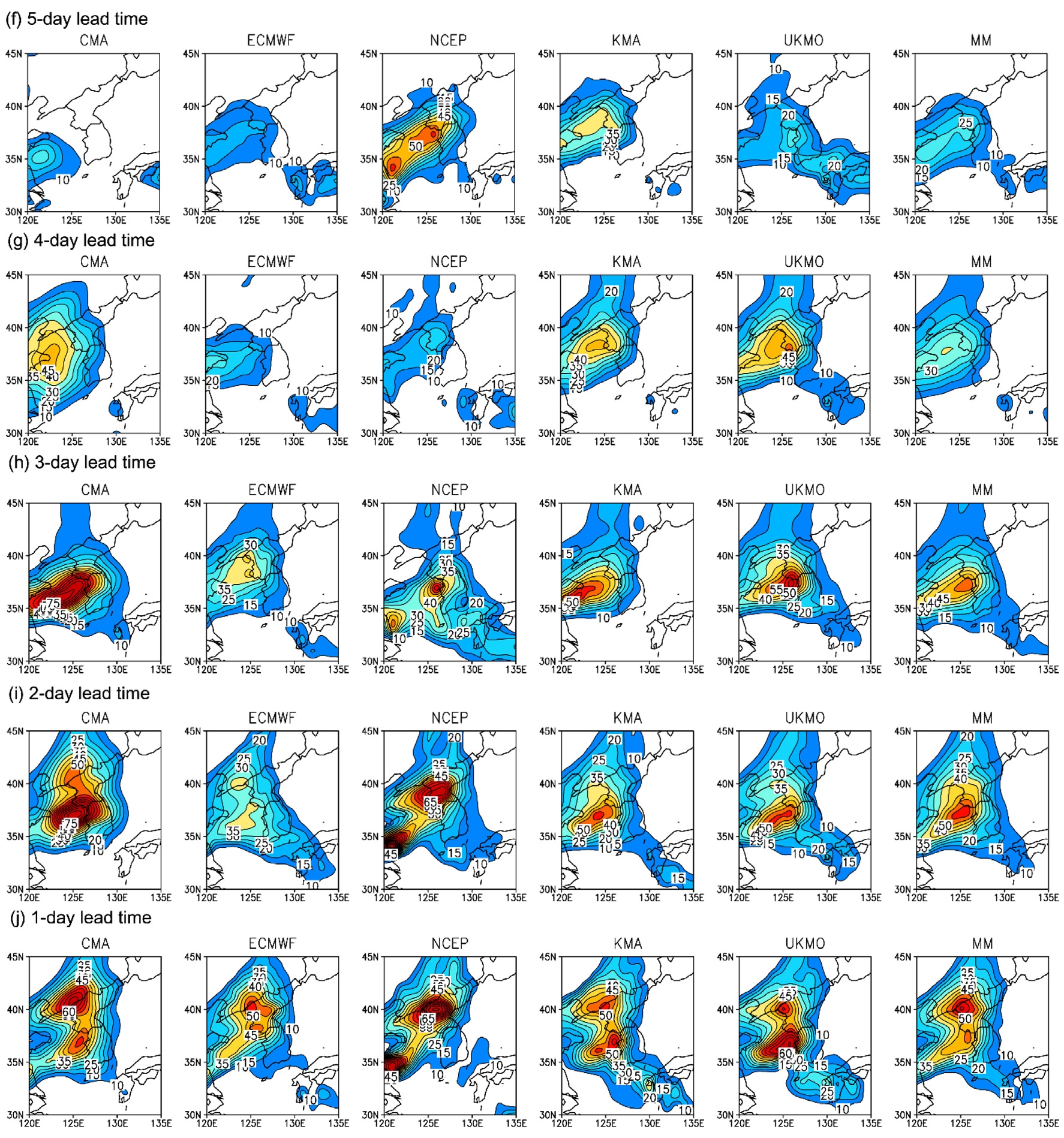 Fig. 3.4.1.11. Spatial distribution of 24 hours accumulated ensemble mean precipitations at five operational forecast centers and multi-model ensembles from 10- to 1-day lead time on 29 June 2012. Predicted precipitation with more than 10 mm per 24 hours was shaded