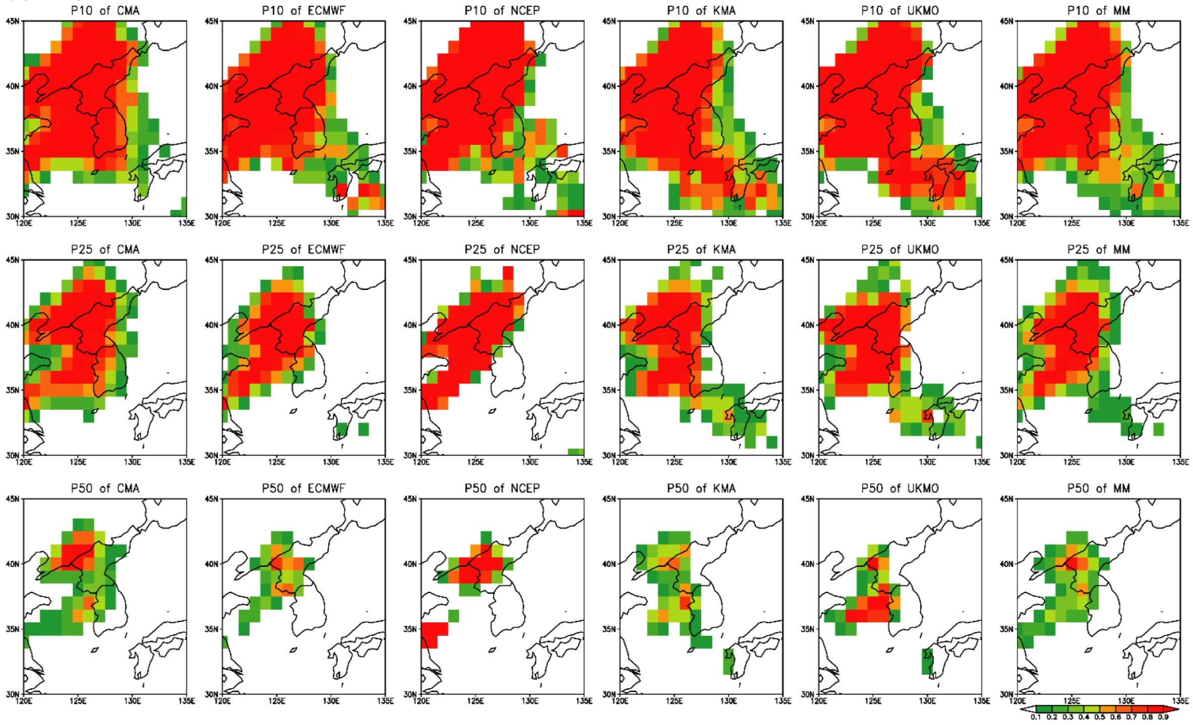 Fig. 3.4.1.12. Spatial distribution of precipitation probability forecasts in excess of 10.0, 25.0, and 50.0 mm per 24 hours at five operational forecast centers and multi-model ensembles from 1-day lead time on 29 June 2012