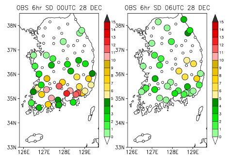 Fig. 3.4.2.1. The spatial distribution of 6 hr accumulated snow depth (unit: cm) at 91 stations over South Korea at (a) 0000 and (b) 0600 UTC on 28 December, 2012.