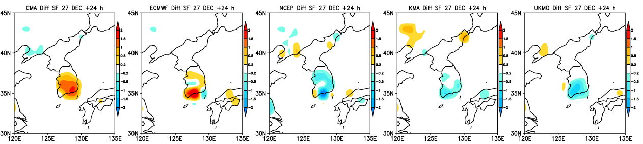 Fig. 3.4.2.6. Spatial distribution of ensemble mean (line) and differences (shaded) from multi-model ensemble predicted snow depth at five operational forecast centers of 1-day lead time on 28 December, 2012