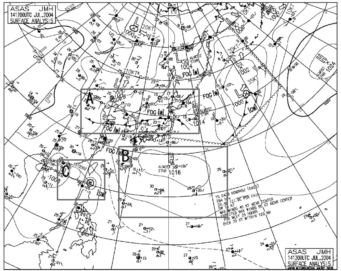 Fig. 2.1.3.3. Surface analysis chart at 1200 UTC 14 July 2004. A, B, and C indicate the region of Changma front, North-Pacific High, and Tyhoon (TS 0409 KOMPASU), respectively.