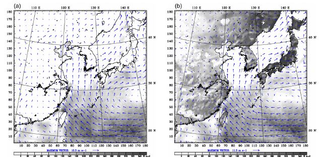 Fig. 2.1.3.6. Latent heat flux (Wm-2) and 10 m wind vector of coupled simulation (CWW) at (a) 1800 UTC 14 and (b) 0000 UTC 15 July 2004