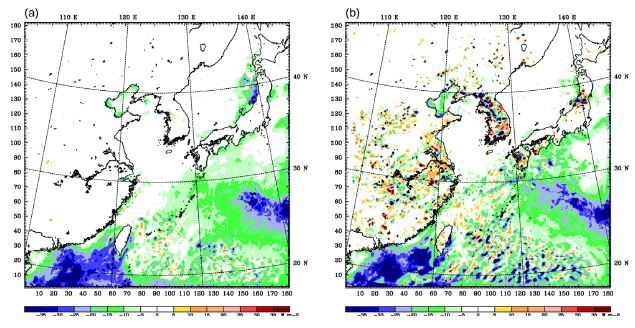 Fig. 2.1.3.9. The difference of latent heat flux (Wm-2) between CWW and N032 at (a) 1800 UTC 14 and (b) 0000 UTC 15 July 2004