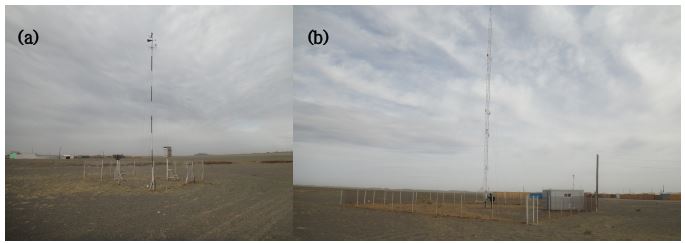 Fig. 2.4.9. (a) Manual observing tower operated by NAMEM and (b) landscape of the Nomgon Asian dust monitoring tower