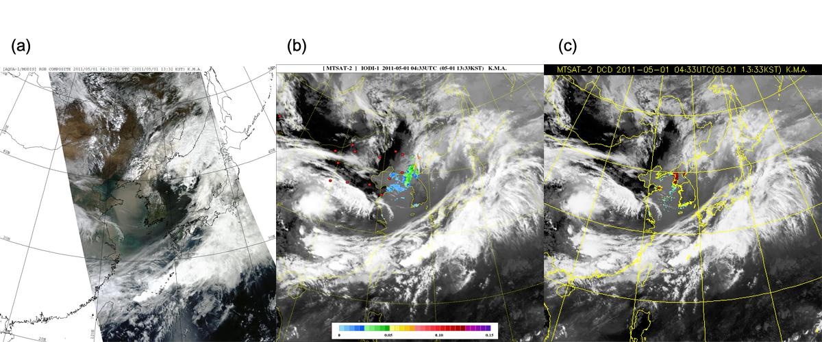 Fig. 2.5.1. Asian dust case at 1 May, 2011 (a) AQUA/MODIS true color image (b) MTSAT-2 IODI image, (c) MTSAT-2 BTD image