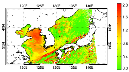 Fig. 2.5.5. Retrieved DI (dust index) from MODIS radiance data in all sky.