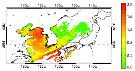 Fig. 2.5.6. Retrieved DI (dust index) from MODIS radiance data after Infrared window Brightness temperature test