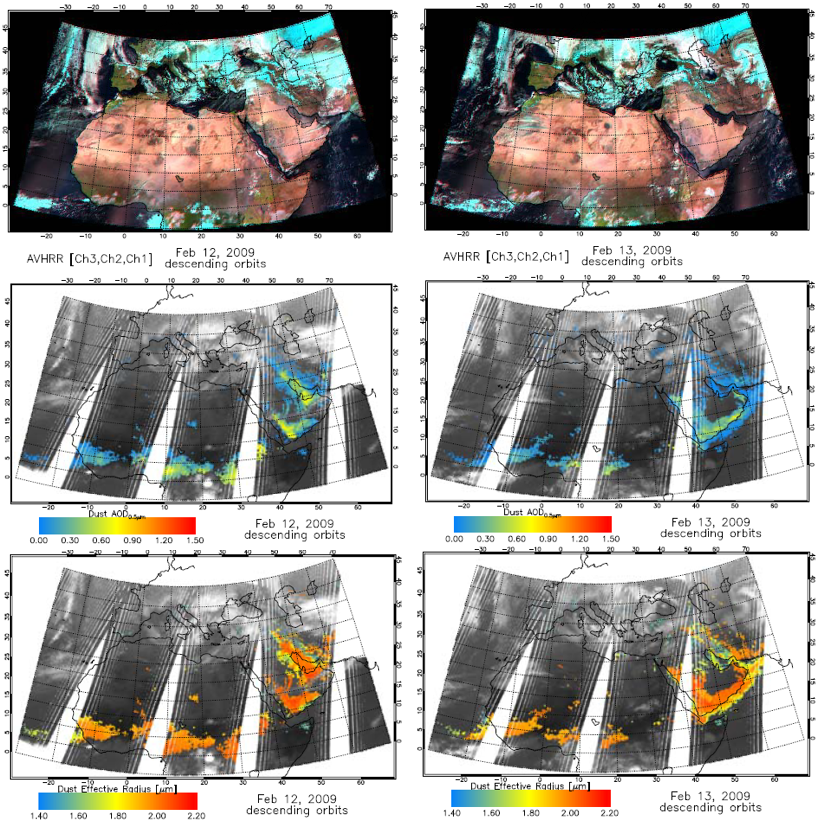 Fig. 2.5.15. AVHRR RGB composites (top), IASI retrieved AOD (middle), and IASI dust effective radius (bottom) for 12 (left) and 13 (right) February, 2009