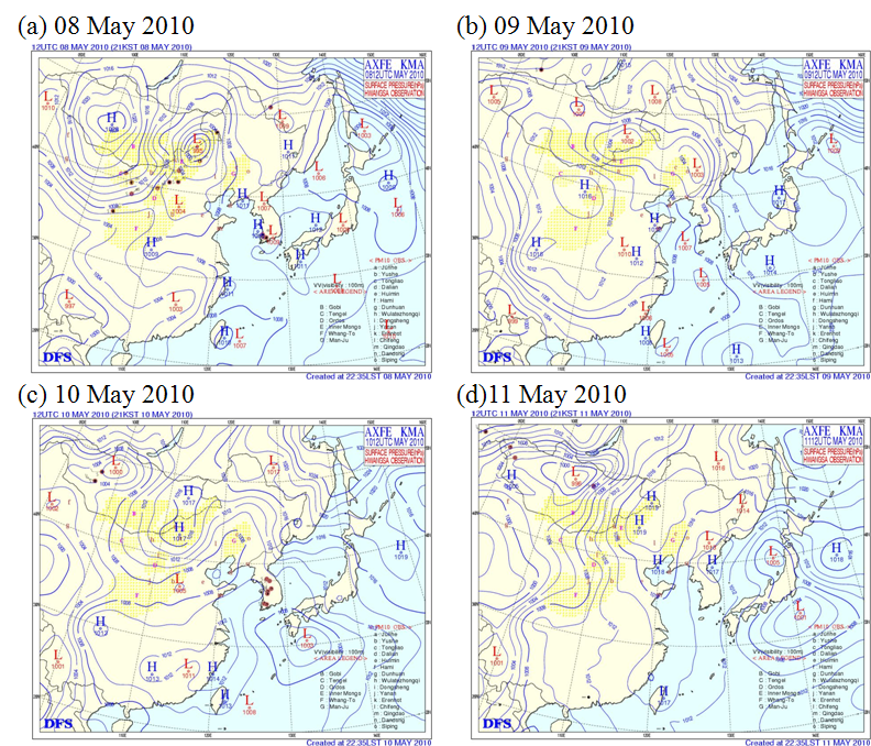 Fig. 2.6.3. Surface synoptic charts at 2100 LST from 8 to 11 May, 2010.