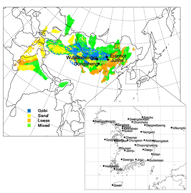Fig. 3.1.1. Domain of the UM-ADAM2 with classified soil types for the dust source region. PM10 observation stations in China and Korea are presented