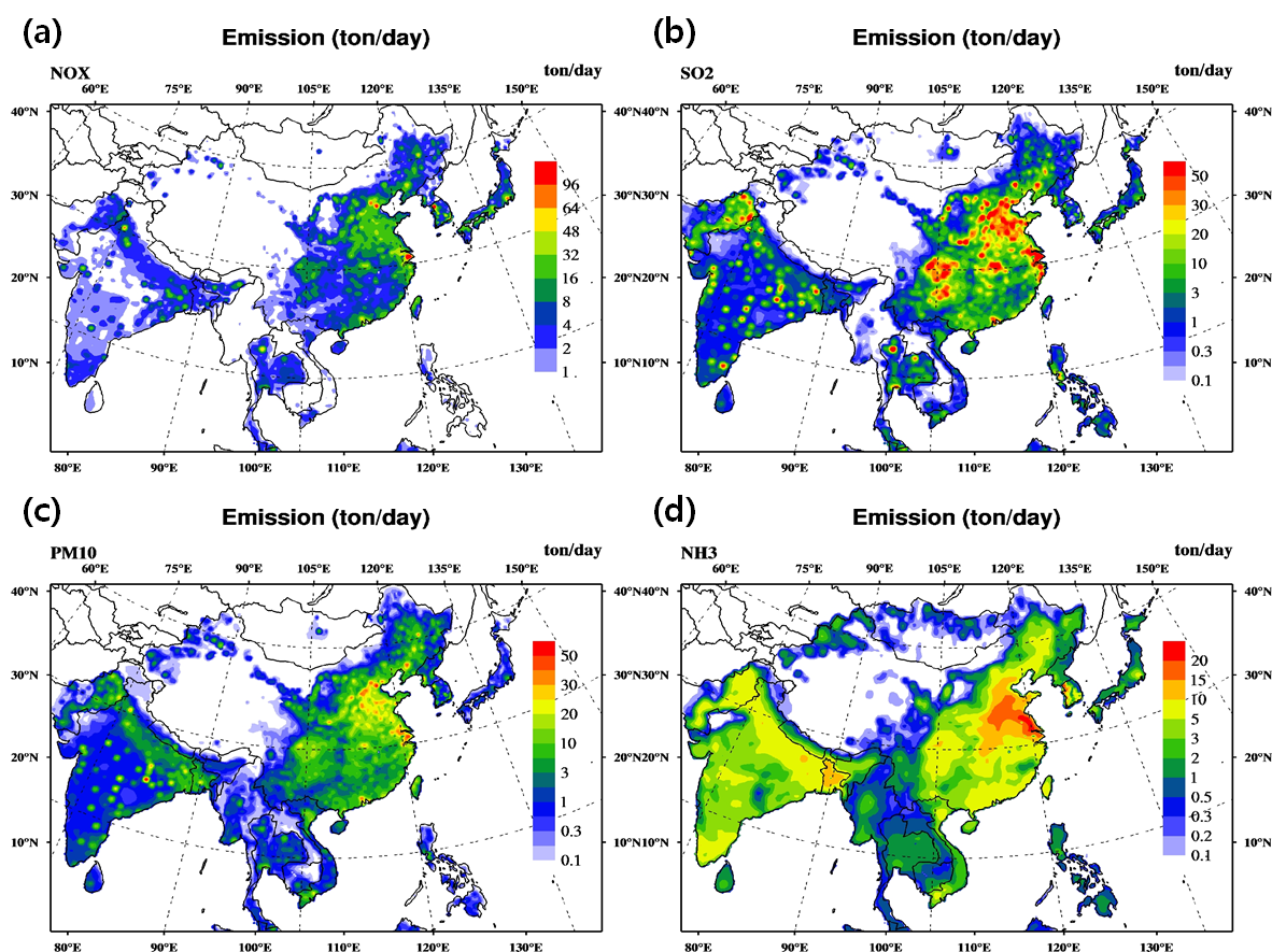 Fig. 3.2.2 Horizontal distributions of emission rates (ton day-1grid-1) of (a) NOx, (b) SO2 and (c) PM10 from INTEX-B and (d) NH3 from ACE-ASIA on May, 2006