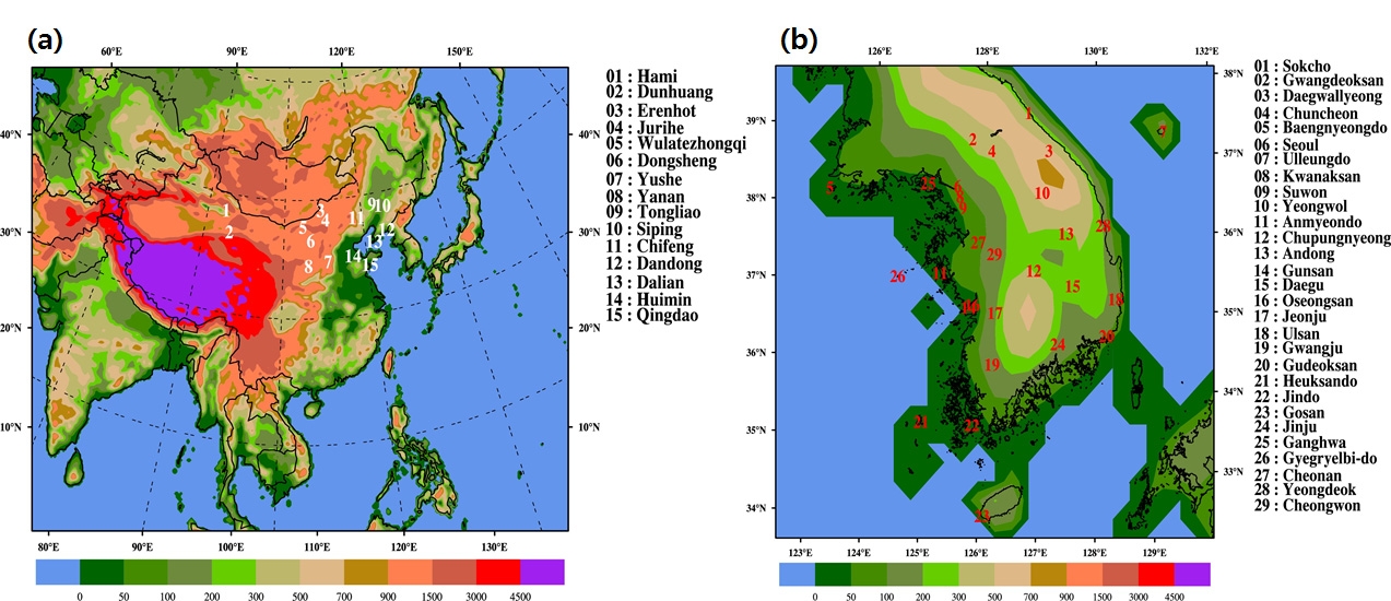 Fig. 3.2.4 The numerical model domain with the indication of the monitoring sites in (a) China and (b) South Korea