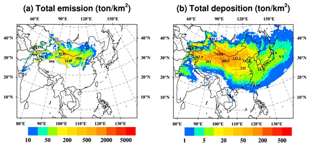 Fig. 3.2.9 The horizontal distributions of annual (a) total emission (ton/km2) (b)total deposition (ton/km2) of Asian dust in 2010. Numbers represent the local maximum value