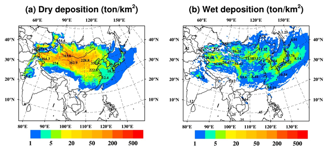 Fig. 3.2.10 The horizontal distributions of annual total (a) dry deposition (ton/km2) and (b) wet deposition (ton/km2) of Asian dust in 2010