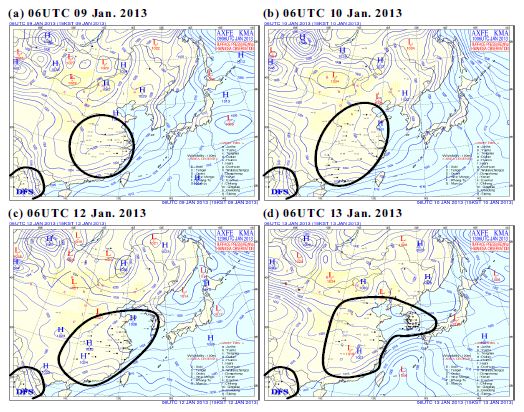 Fig. 3.2.13 Surface weather analysis maps at (a) 06 UTC 9, (b) 06 UTC 10, (c) 06 UTC 12 and (d) 06 UTC 13 January 2013. The haze is indicated by “∞”. The circle shows the haze occurrence regions