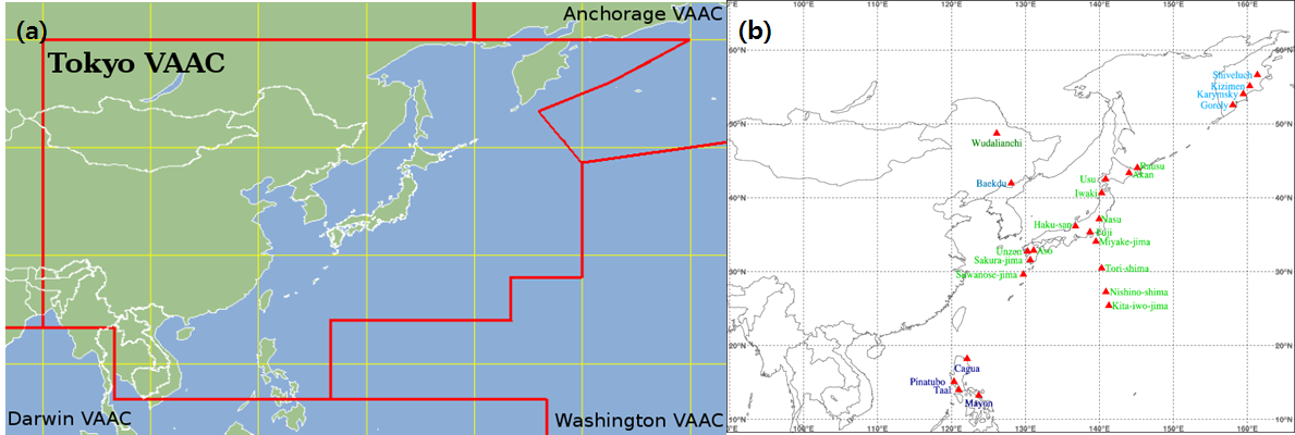 Fig. 3.3.4. The volcano distribution map (a) The area of Tokyo VAAC (b) The area of Web based volcanic ash model.