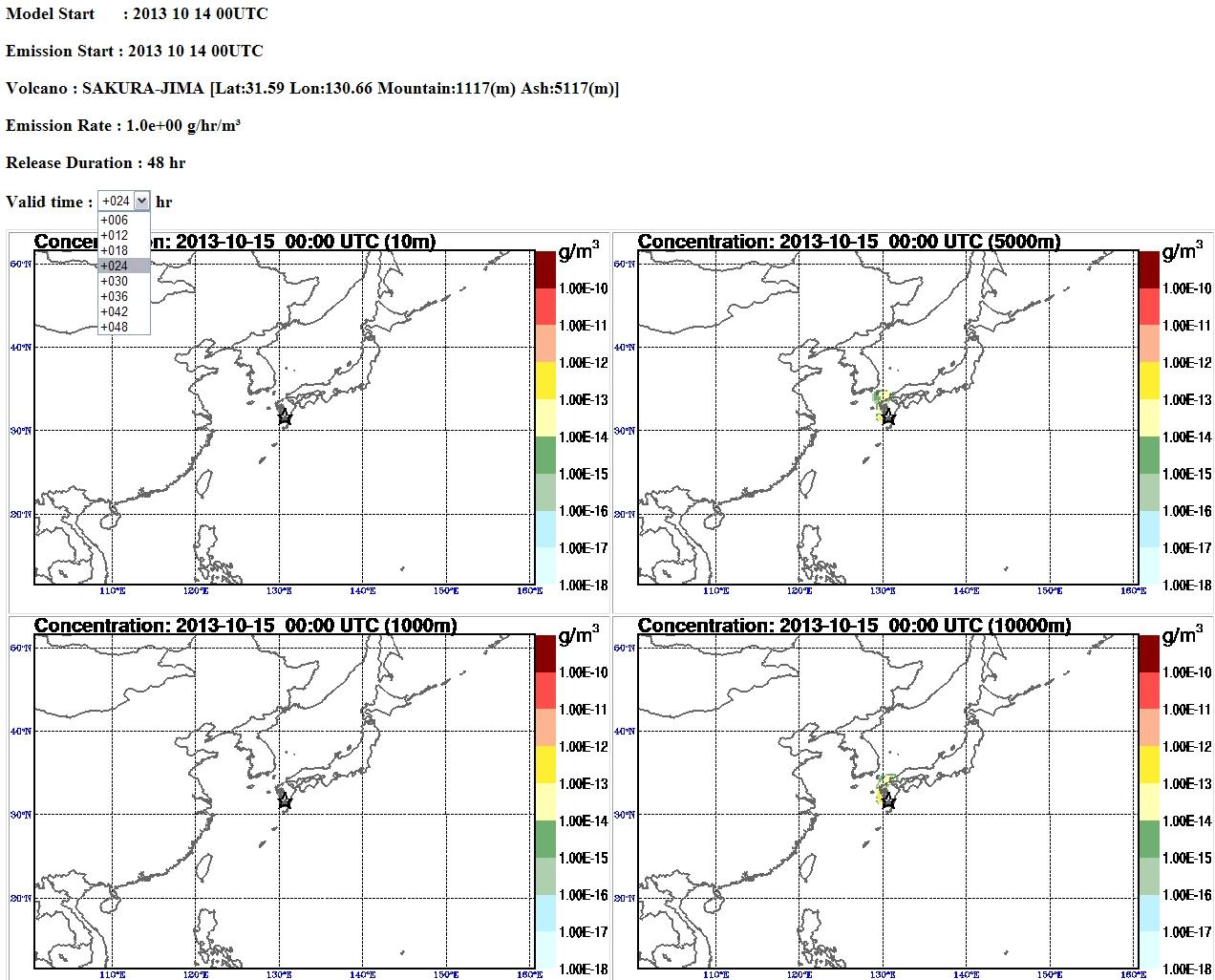 Fig. 3.3.6. Every 6 hours dispersion results of the web based dispersion model with the information on the volcanic ash. The pictures indicate 10 m, 1000 m, 5000 m, 10,000 m separately