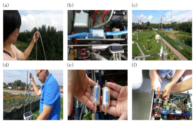 Fig. 4.1.4. Flow check(a), BQ Filter change(b), and Zero test(c) at Siping & Flow check(d), BQ Filter change(e), Cleaning inner part of instrument(f) at Dandong.