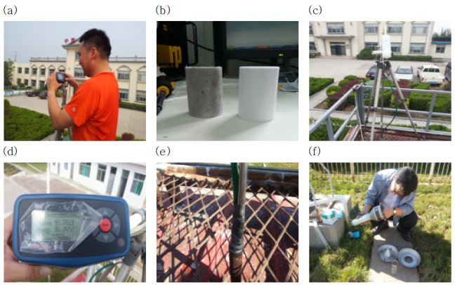 Fig. 4.1.8. Flow check(a), Water trap filter change(b), and Zero test(c) at Huimin & Flow check(d), Sealing status of leakage point(e), Cleaning the inlet(f) at Yushe