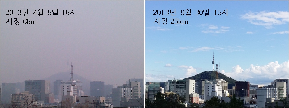 Fig. 2.2.6. The view of Seoul N Tower at 16 KST on 5 April and 15 KST on 30 September, 2013 from Seoul Hwangsa Monitoring Center