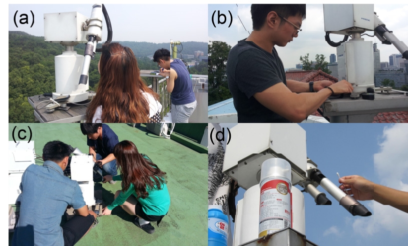 Fig. 2.3.2. Examining skyradiometer at (a) Seoul, (b) Seoul Hwangsa Monitoring Center, (c) Yongin and (d) Kongju
