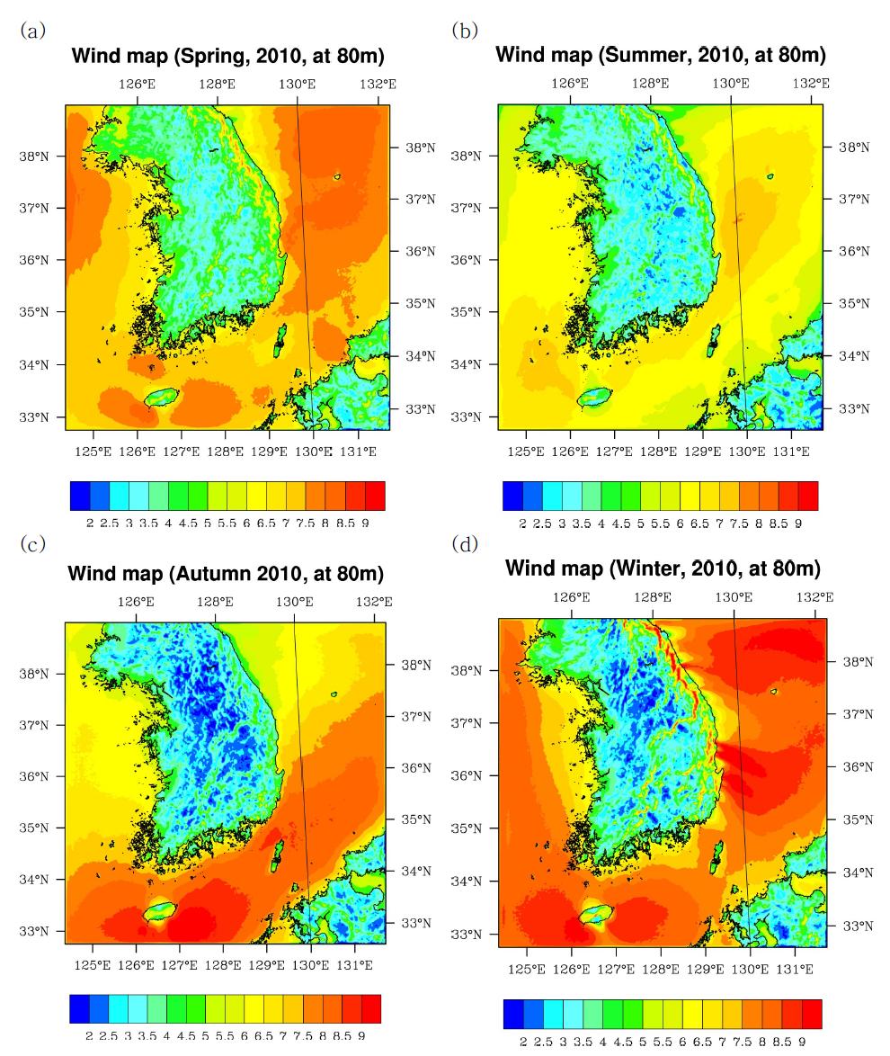 Contour plots of the mean wind speed in (a) Spring, (b) Summer, (c) Autumn, and (d) Winter in 2010 at 80 m height