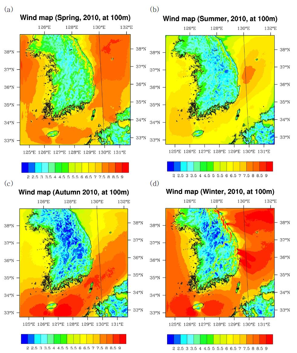 Contour plots of the mean wind speed in (a) Spring, (b) Summer, (c) Autumn, and (d) Winter in 2010 at 100 m height