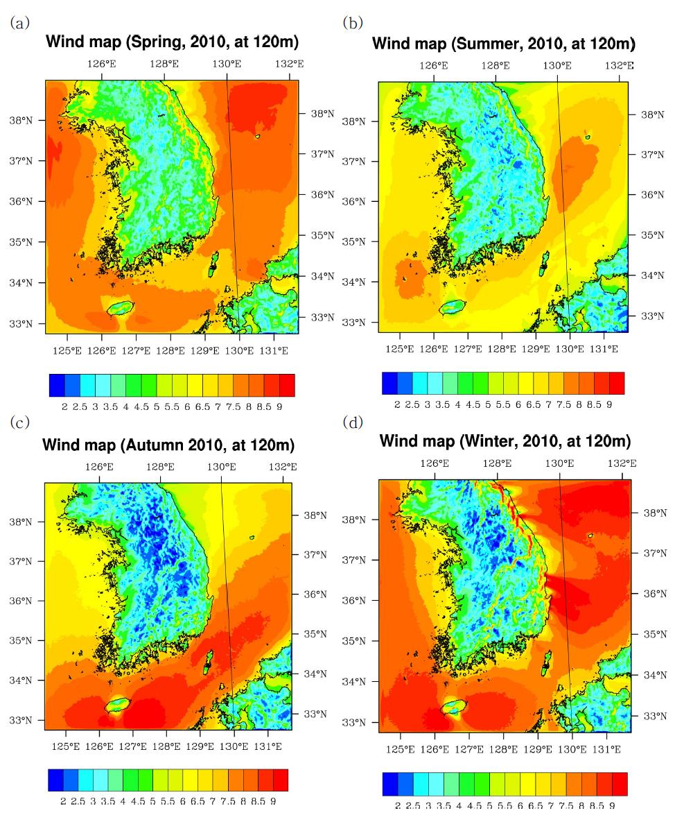 Contour plots of the mean wind speed in (a) Spring, (b) Summer, (c) Autumn, and (d) Winter in 2010 at 120 m height.