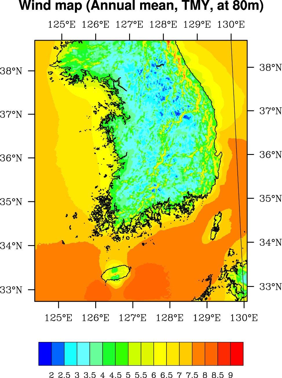 The TMY based 12-year averaged wind speed at 80 m height