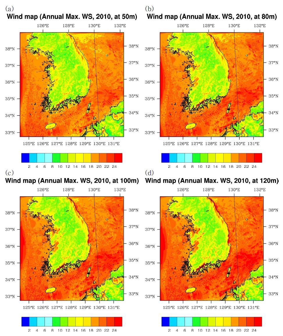 Contour plots of the annual maximum wind speed in 2010 at (a) 50 m, (b) 80 m, (c) 100 m, and (d) 120 m height