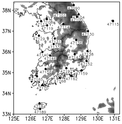 Fig. 3.3.3. The locations of 28 stations, which are able to observe the temperature and heat-stress