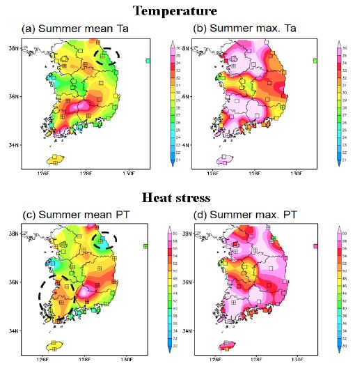 Fig. 3.3.7. Spatial distribution of summer mean and maximum values of temperature and heat-stress (PT) in 2113 (after 100 years). Stations marked as ‘+’ represent significant ascent at the 90% CL.